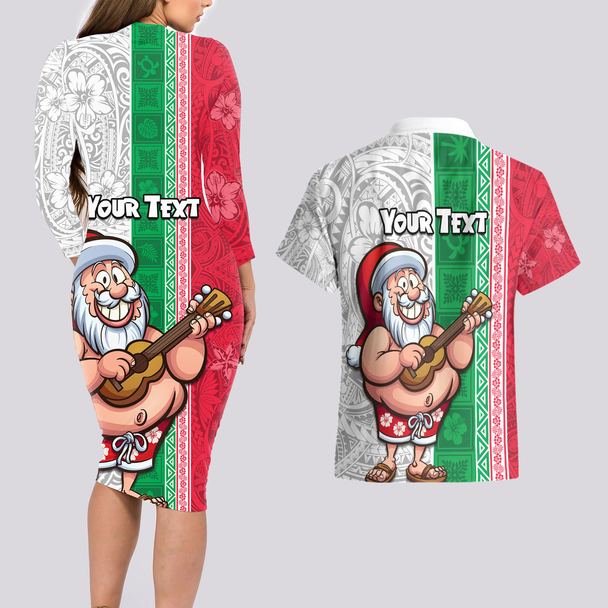 Custom Hawaii Mele Kalikimaka Couples Matching Long Sleeve Bodycon Dress and Hawaiian Shirt Santa Playing Ukele Mix Kakau Pattern Xmas Style LT03 - Polynesian Pride