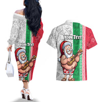 Custom Hawaii Mele Kalikimaka Couples Matching Off The Shoulder Long Sleeve Dress and Hawaiian Shirt Santa Playing Ukele Mix Kakau Pattern Xmas Style LT03 - Polynesian Pride