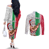 Custom Hawaii Mele Kalikimaka Couples Matching Off The Shoulder Long Sleeve Dress and Long Sleeve Button Shirt Santa Playing Ukele Mix Kakau Pattern Xmas Style LT03 - Polynesian Pride