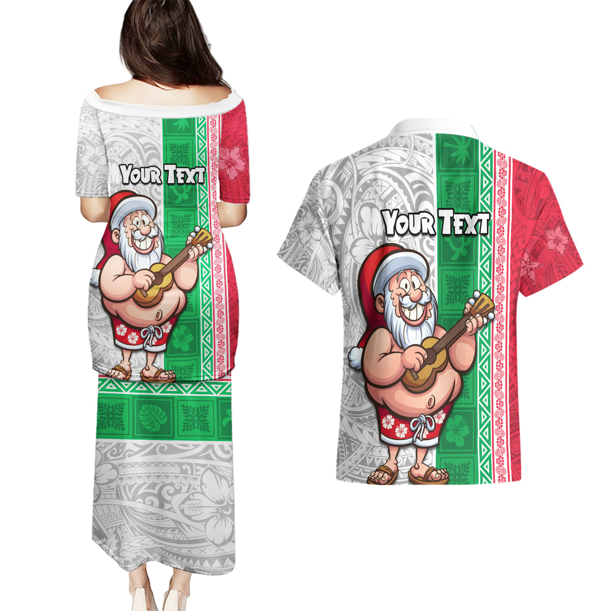 Custom Hawaii Mele Kalikimaka Couples Matching Puletasi Dress and Hawaiian Shirt Santa Playing Ukele Mix Kakau Pattern Xmas Style LT03 - Polynesian Pride
