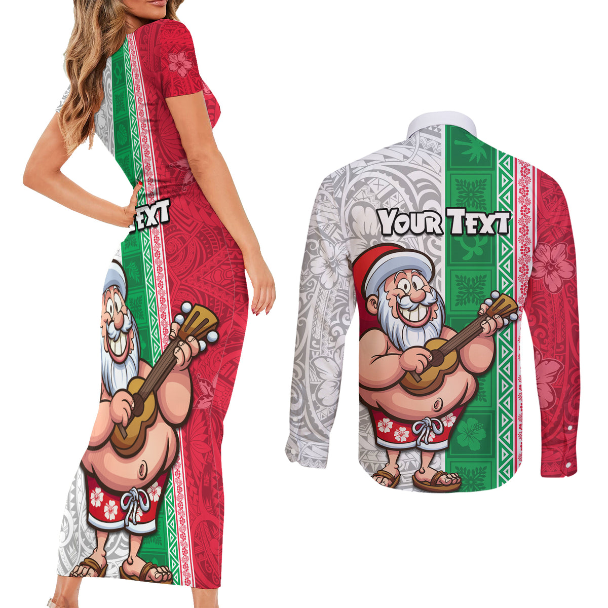 Custom Hawaii Mele Kalikimaka Couples Matching Short Sleeve Bodycon Dress and Long Sleeve Button Shirt Santa Playing Ukele Mix Kakau Pattern Xmas Style LT03 - Polynesian Pride