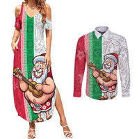 Custom Hawaii Mele Kalikimaka Couples Matching Summer Maxi Dress and Long Sleeve Button Shirt Santa Playing Ukele Mix Kakau Pattern Xmas Style LT03 Red - Polynesian Pride