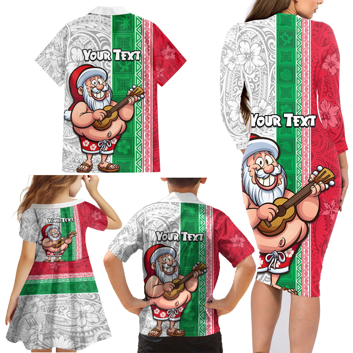 Custom Hawaii Mele Kalikimaka Family Matching Long Sleeve Bodycon Dress and Hawaiian Shirt Santa Playing Ukele Mix Kakau Pattern Xmas Style LT03 - Polynesian Pride