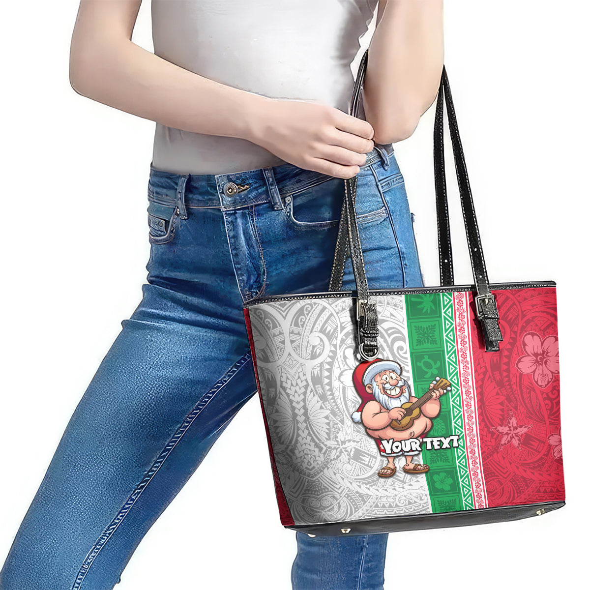 Custom Hawaii Mele Kalikimaka Leather Tote Bag Santa Playing Ukele Mix Kakau Pattern Xmas Style LT03 - Polynesian Pride