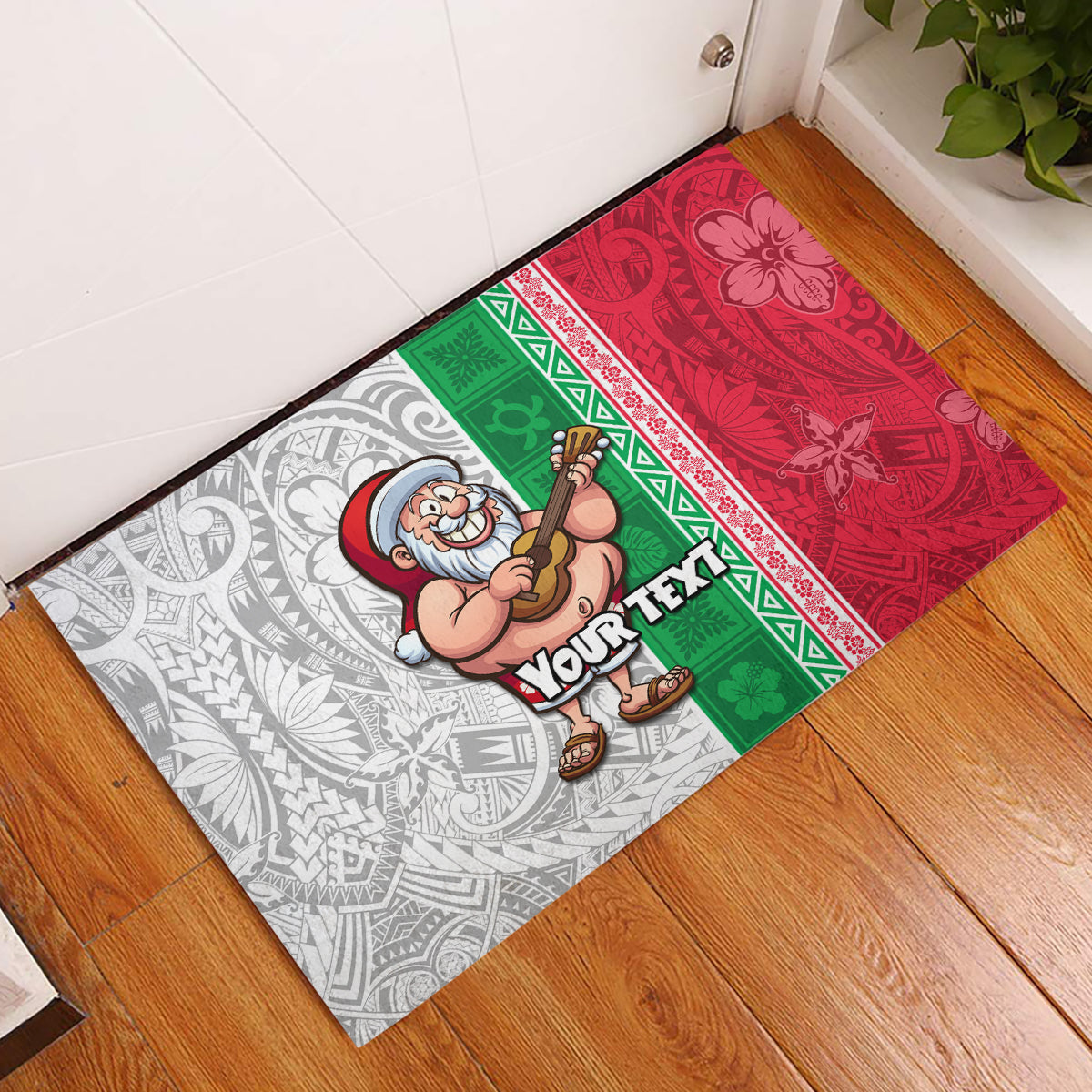 Custom Hawaii Mele Kalikimaka Rubber Doormat Santa Playing Ukele Mix Kakau Pattern Xmas Style LT03 Red - Polynesian Pride