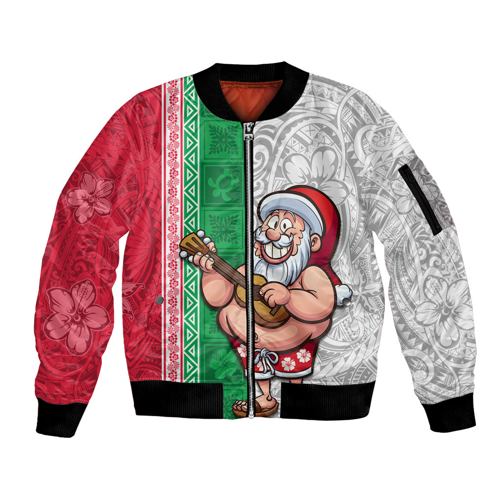 Custom Hawaii Mele Kalikimaka Sleeve Zip Bomber Jacket Santa Playing Ukele Mix Kakau Pattern Xmas Style LT03 Unisex Red - Polynesian Pride