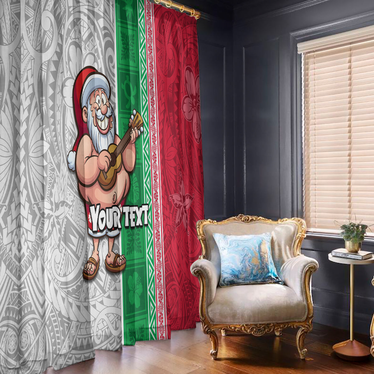 Custom Hawaii Mele Kalikimaka Window Curtain Santa Playing Ukele Mix Kakau Pattern Xmas Style LT03 - Polynesian Pride