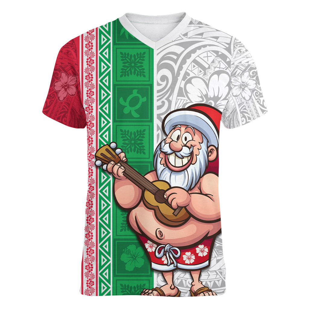 Custom Hawaii Mele Kalikimaka Women V Neck T Shirt Santa Playing Ukele Mix Kakau Pattern Xmas Style LT03 Female Red - Polynesian Pride