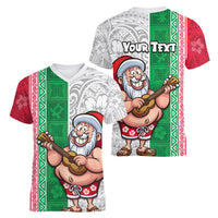Custom Hawaii Mele Kalikimaka Women V Neck T Shirt Santa Playing Ukele Mix Kakau Pattern Xmas Style LT03 - Polynesian Pride