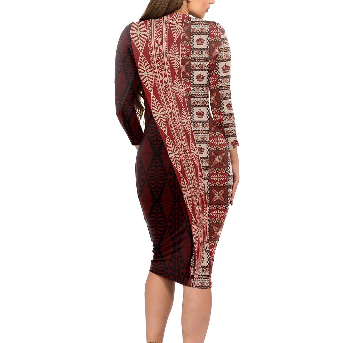 Tonga Fonulei and Ngatu Pattern Long Sleeve Bodycon Dress LT03 - Polynesian Pride