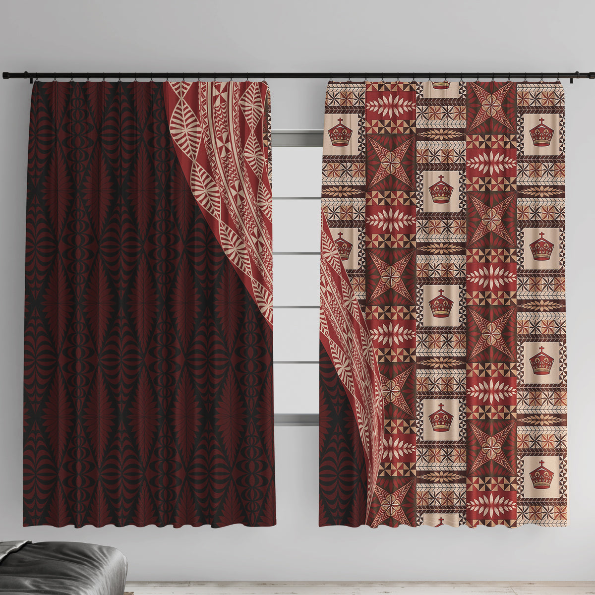 Tonga Fonulei and Ngatu Pattern Window Curtain LT03 With Hooks Red - Polynesian Pride