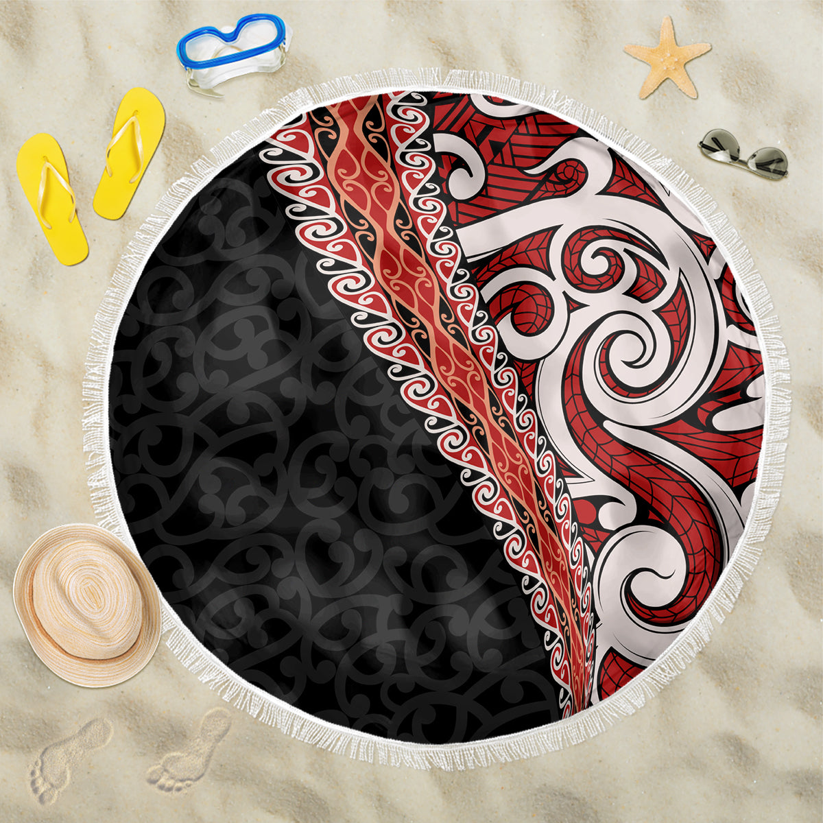 New Zealand Maori Stylized Koru Beach Blanket LT03 One Size 150cm Red - Polynesian Pride