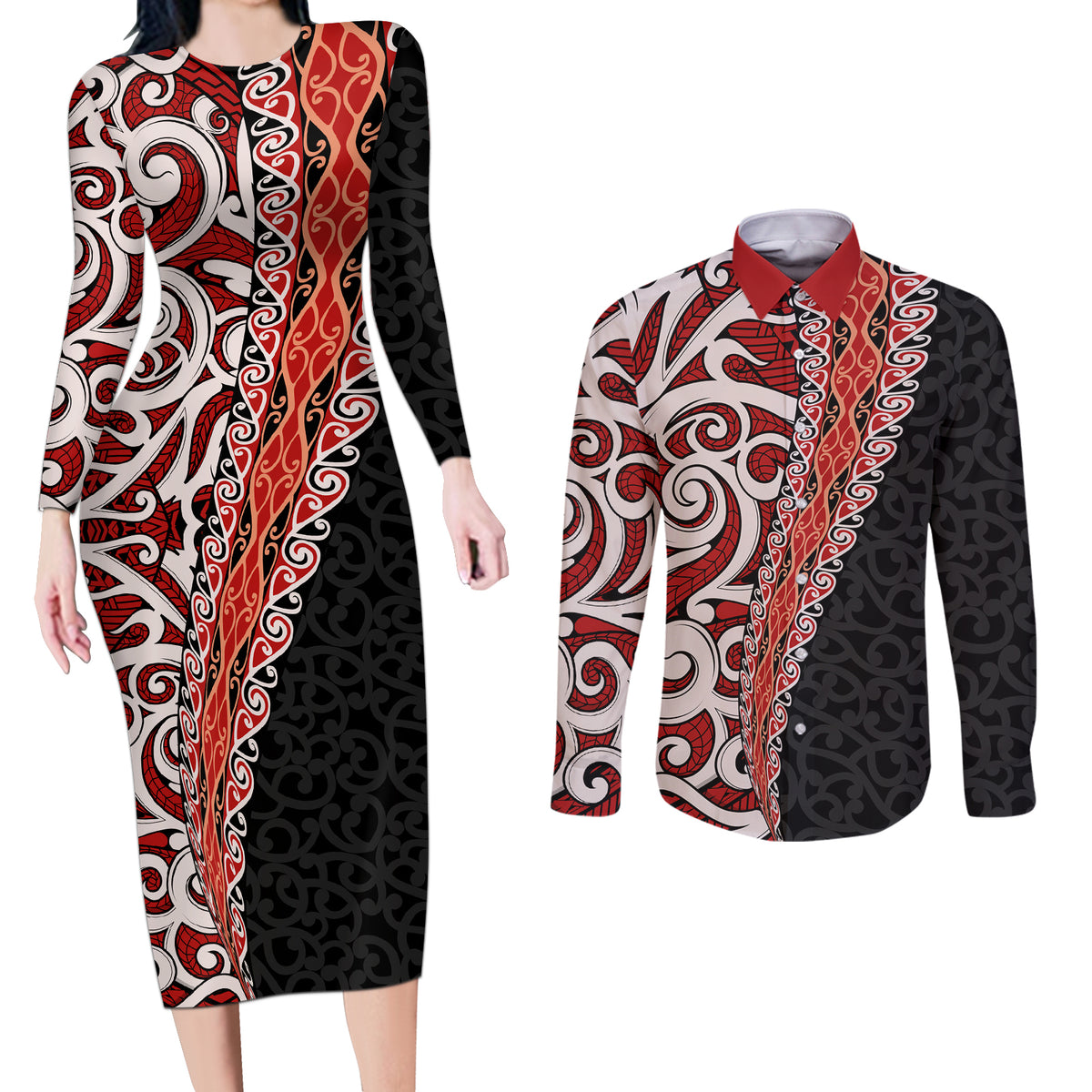 New Zealand Maori Stylized Koru Couples Matching Long Sleeve Bodycon Dress and Long Sleeve Button Shirt LT03 Red - Polynesian Pride