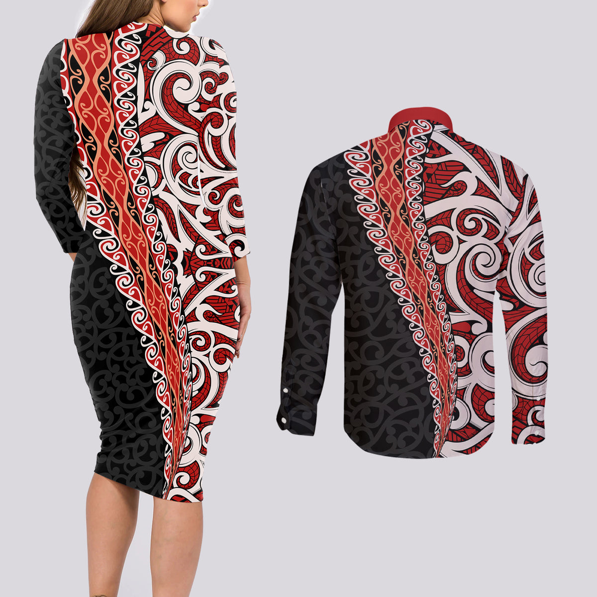 New Zealand Maori Stylized Koru Couples Matching Long Sleeve Bodycon Dress and Long Sleeve Button Shirt LT03 - Polynesian Pride