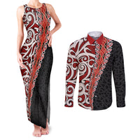 New Zealand Maori Stylized Koru Couples Matching Tank Maxi Dress and Long Sleeve Button Shirt LT03 Red - Polynesian Pride