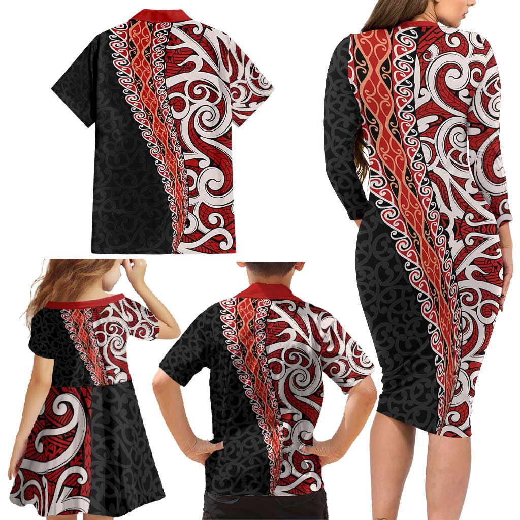New Zealand Maori Stylized Koru Family Matching Long Sleeve Bodycon Dress and Hawaiian Shirt LT03