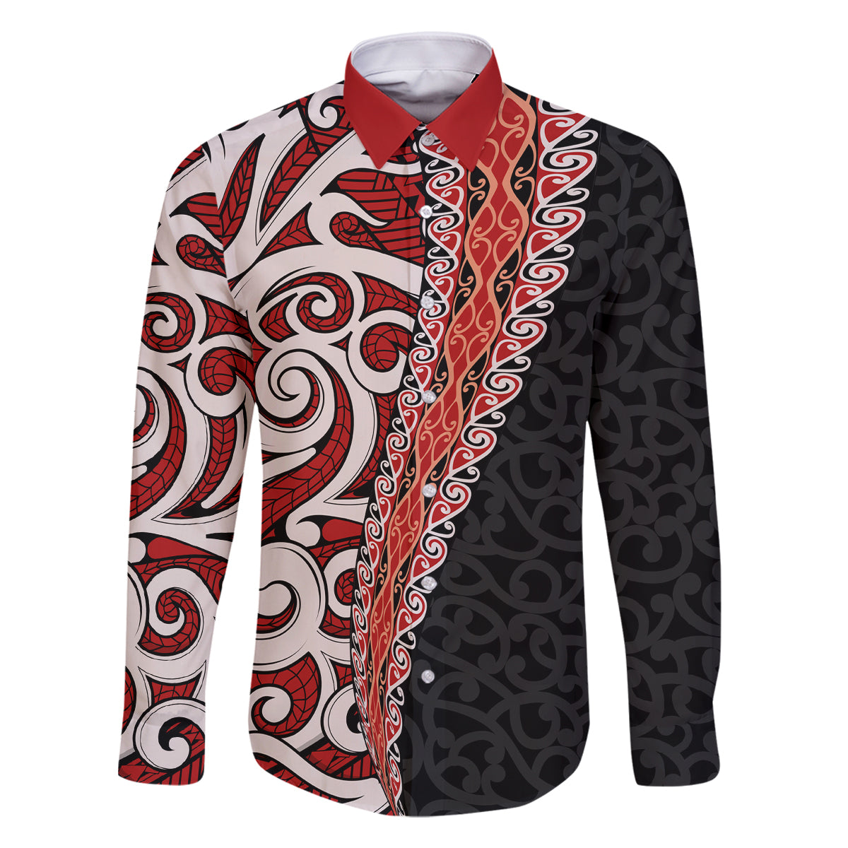 New Zealand Maori Stylized Koru Family Matching Mermaid Dress and Hawaiian Shirt LT03 Dad's Shirt - Long Sleeve Red - Polynesian Pride