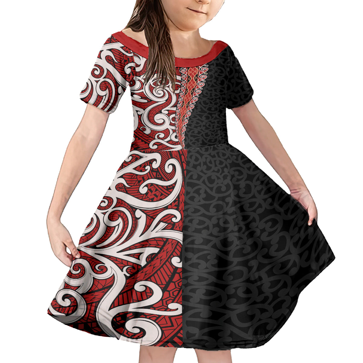 New Zealand Maori Stylized Koru Family Matching Off Shoulder Long Sleeve Dress and Hawaiian Shirt LT03 Daughter's Dress Red - Polynesian Pride