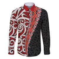 New Zealand Maori Stylized Koru Family Matching Off Shoulder Short Dress and Hawaiian Shirt LT03 Dad's Shirt - Long Sleeve Red - Polynesian Pride