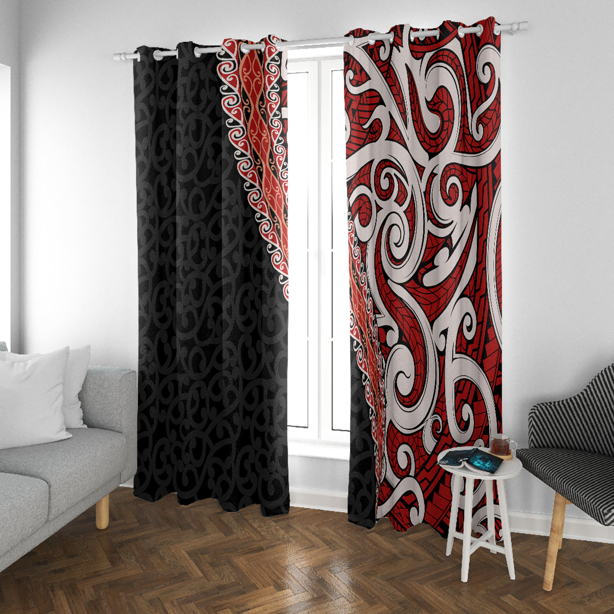 New Zealand Maori Stylized Koru Window Curtain LT03 With Grommets Red - Polynesian Pride