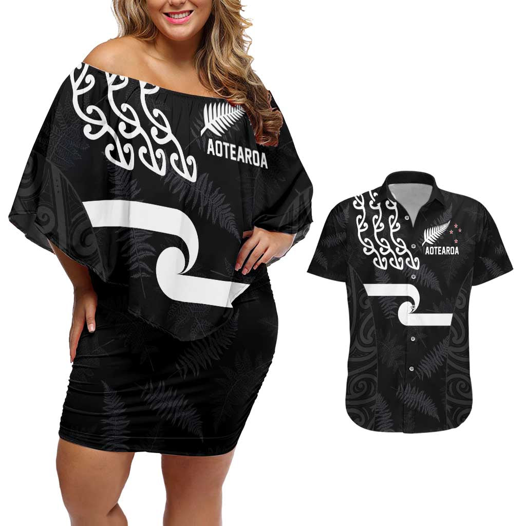 New Zealand Rugby Custom Couples Matching Off Shoulder Short Dress and Hawaiian Shirt The Champions Aotearoa