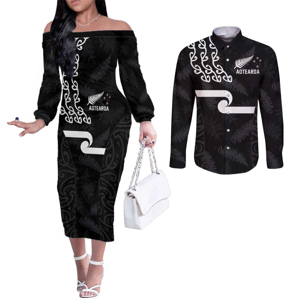 New Zealand Rugby Custom Couples Matching Off The Shoulder Long Sleeve Dress and Long Sleeve Button Shirt The Champions Aotearoa