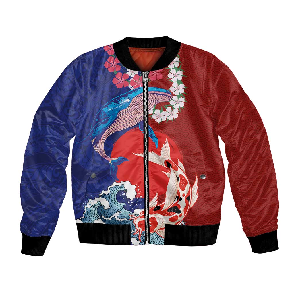 Hawaiian and Japanese Together Bomber Jacket The Whale and Koi Fish with Hinomaru and Lei LT03 Unisex Blue - Polynesian Pride