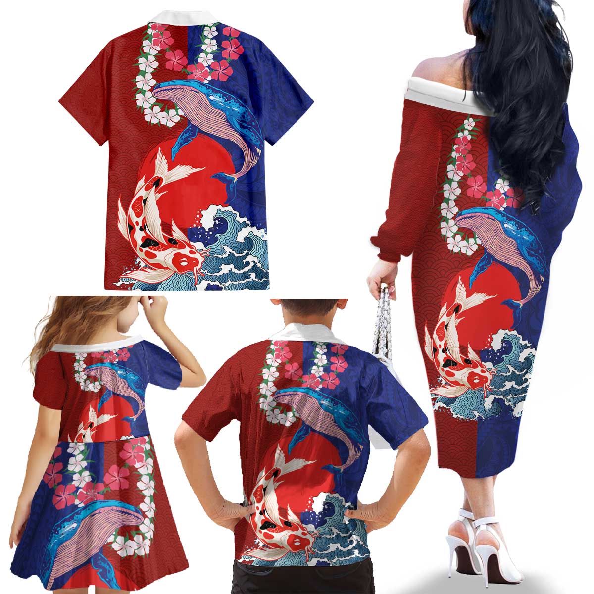 Hawaiian and Japanese Together Family Matching Off The Shoulder Long Sleeve Dress and Hawaiian Shirt The Whale and Koi Fish with Hinomaru and Lei
