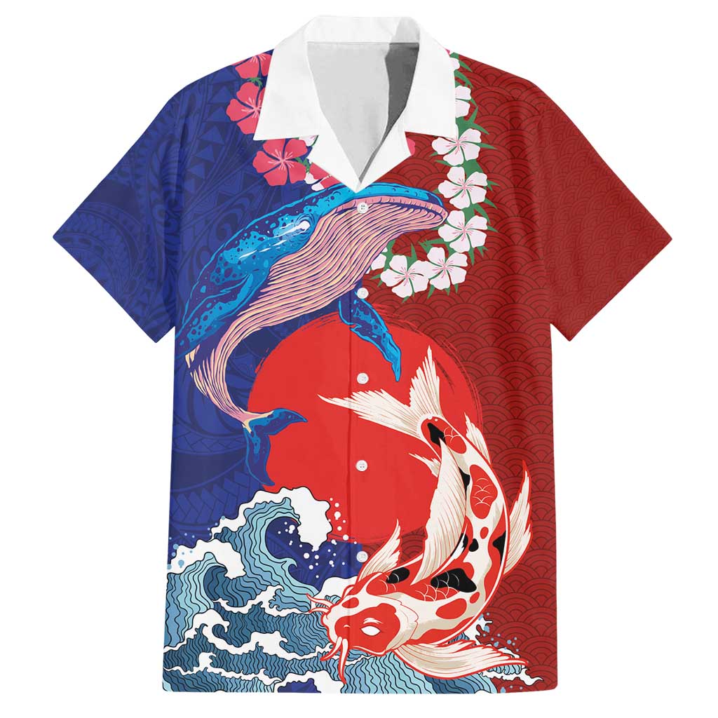 Hawaiian and Japanese Together Family Matching Off Shoulder Short Dress and Hawaiian Shirt The Whale and Koi Fish with Hinomaru and Lei LT03 Dad's Shirt - Short Sleeve Blue - Polynesian Pride