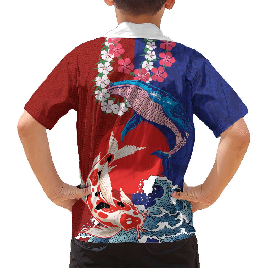 Hawaiian and Japanese Together Family Matching Puletasi and Hawaiian Shirt The Whale and Koi Fish with Hinomaru and Lei
