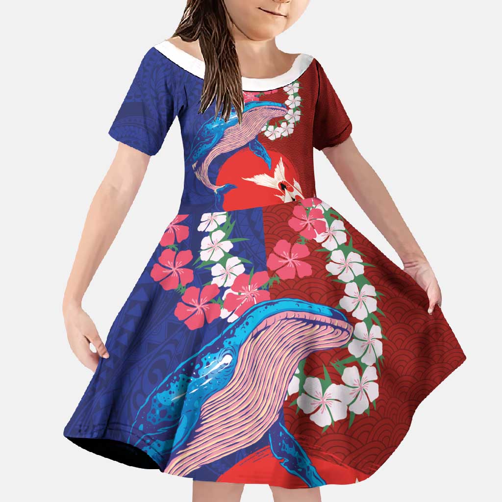 Hawaiian and Japanese Together Family Matching Summer Maxi Dress and Hawaiian Shirt The Whale and Koi Fish with Hinomaru and Lei LT03 Daughter's Dress Blue - Polynesian Pride