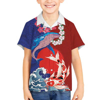 Hawaiian and Japanese Together Family Matching Summer Maxi Dress and Hawaiian Shirt The Whale and Koi Fish with Hinomaru and Lei LT03 Son's Shirt Blue - Polynesian Pride