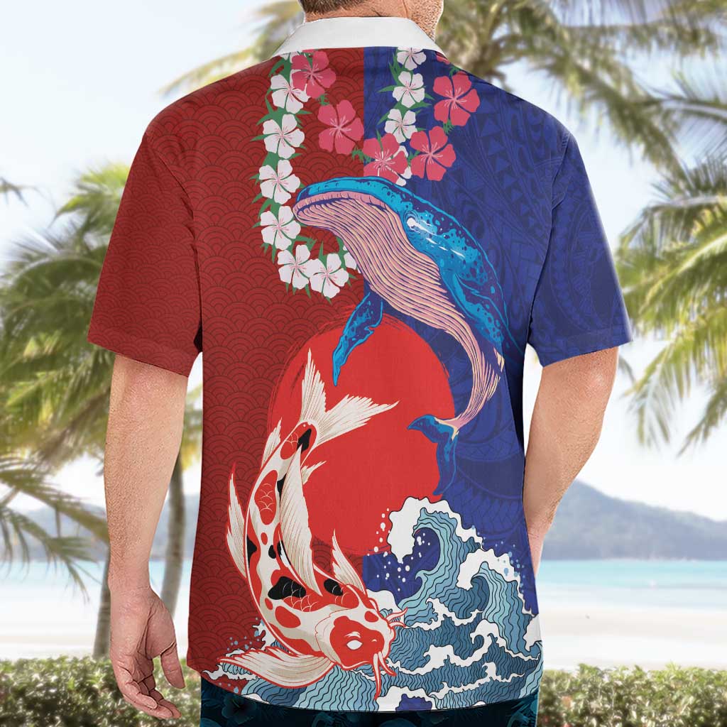 Hawaiian and Japanese Together Hawaiian Shirt The Whale and Koi Fish with Hinomaru and Lei