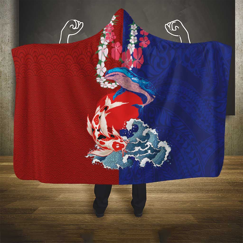 Hawaiian and Japanese Together Hooded Blanket The Whale and Koi Fish with Hinomaru and Lei