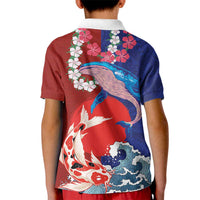 Hawaiian and Japanese Together Kid Polo Shirt The Whale and Koi Fish with Hinomaru and Lei