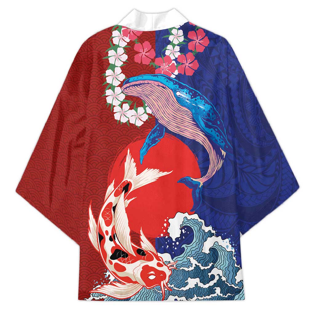 Hawaiian and Japanese Together Kimono The Whale and Koi Fish with Hinomaru and Lei - Polynesian Pride