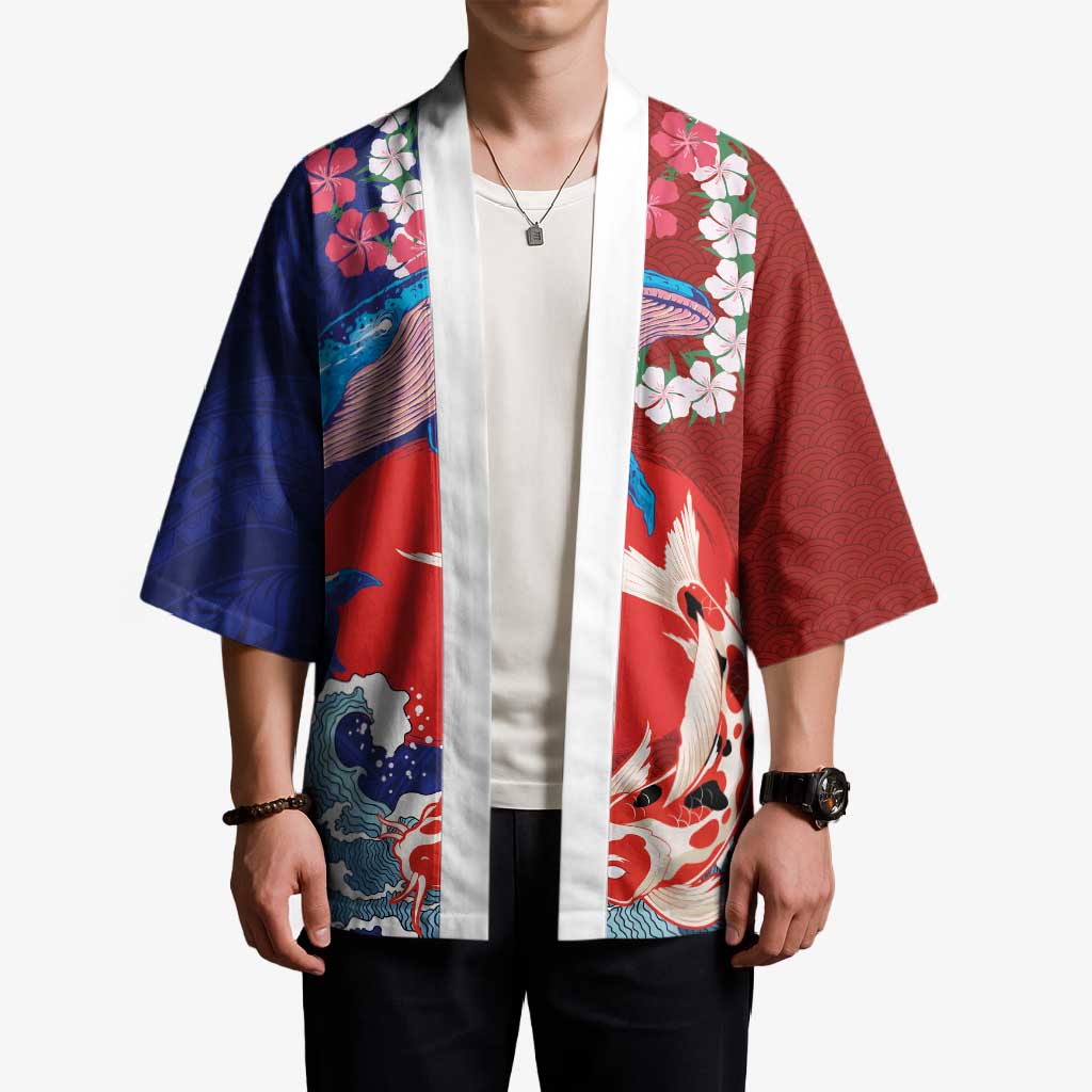 Hawaiian and Japanese Together Kimono The Whale and Koi Fish with Hinomaru and Lei - Polynesian Pride