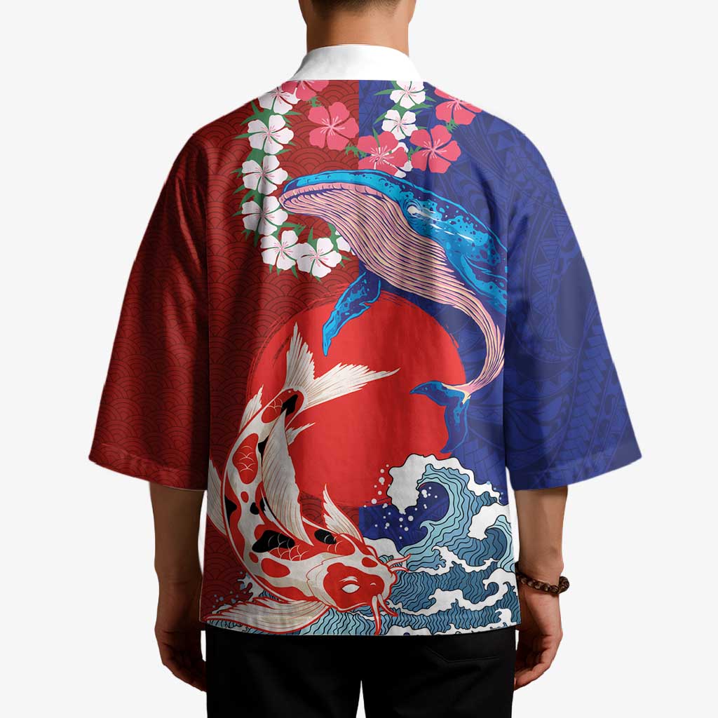 Hawaiian and Japanese Together Kimono The Whale and Koi Fish with Hinomaru and Lei - Polynesian Pride