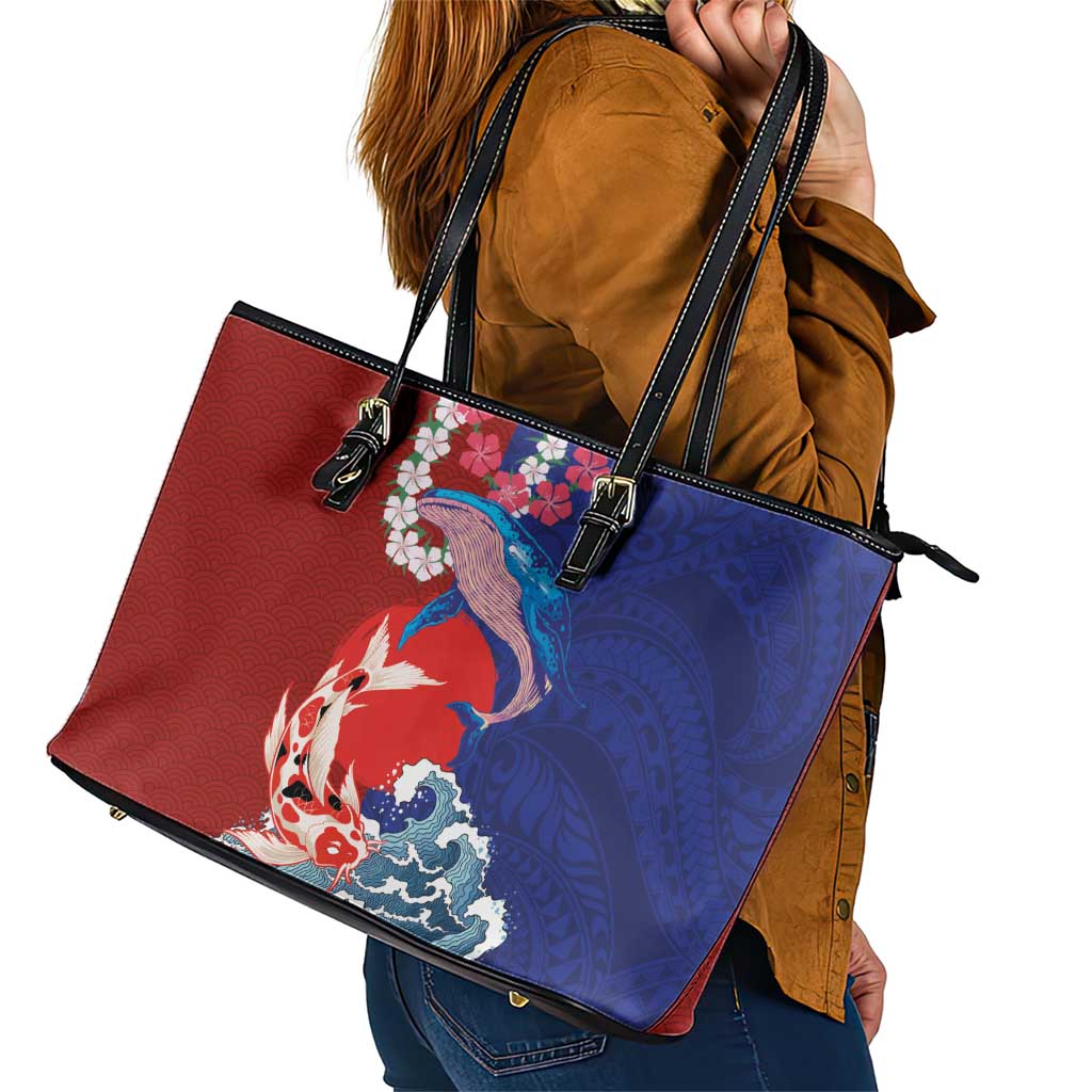 Hawaiian and Japanese Together Leather Tote Bag The Whale and Koi Fish with Hinomaru and Lei
