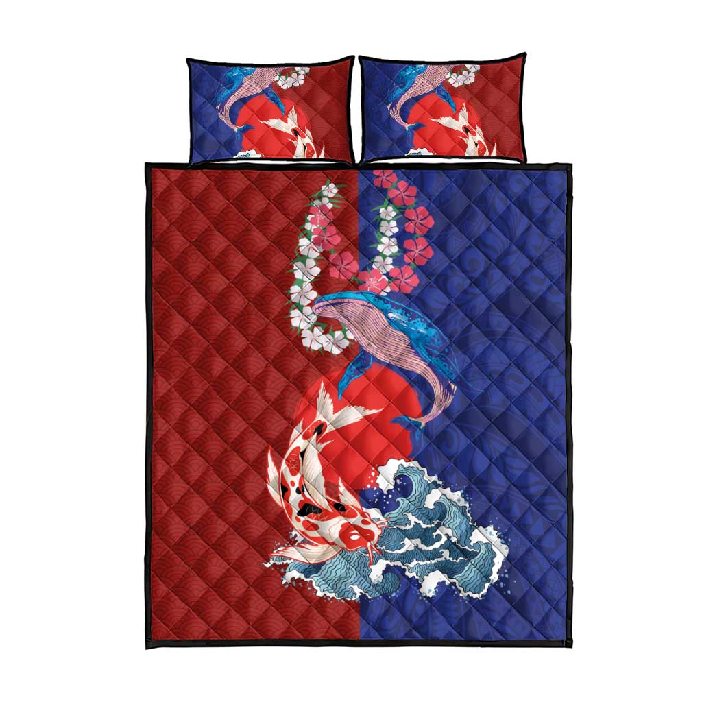 Hawaiian and Japanese Together Quilt Bed Set The Whale and Koi Fish with Hinomaru and Lei