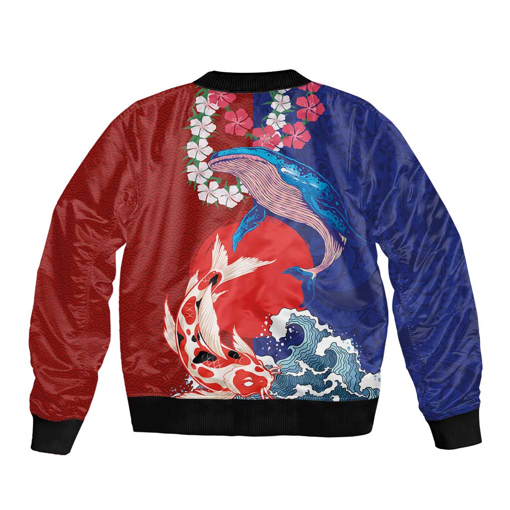 Hawaiian and Japanese Together Sleeve Zip Bomber Jacket The Whale and Koi Fish with Hinomaru and Lei
