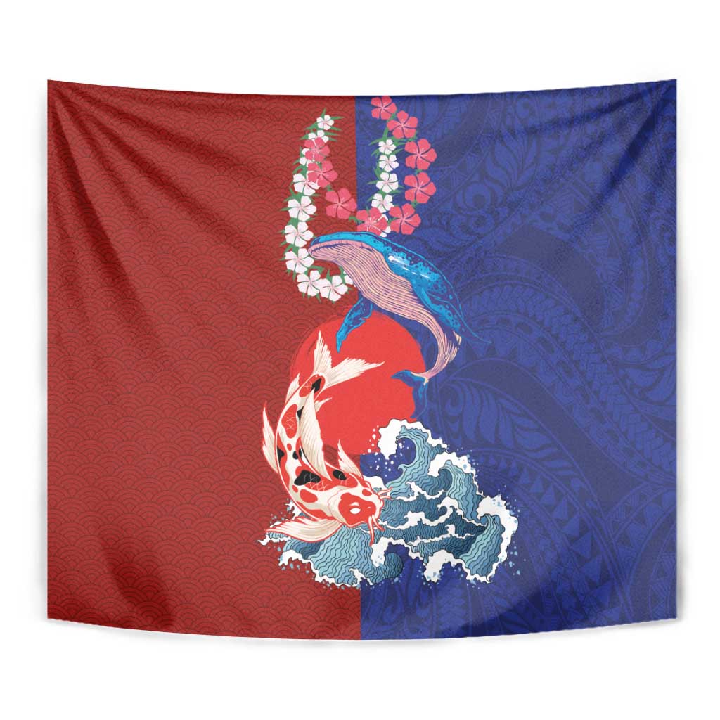Hawaiian and Japanese Together Tapestry The Whale and Koi Fish with Hinomaru and Lei