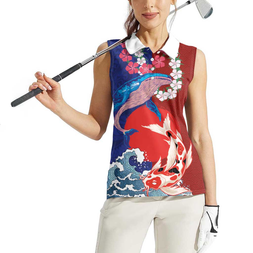 Hawaiian and Japanese Together Women Sleeveless Polo Shirt The Whale and Koi Fish with Hinomaru and Lei