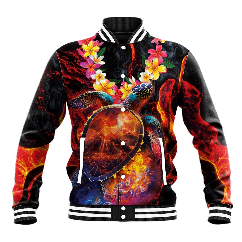 Hawaiian Turtle with Volcanic Eruption Baseball Jacket Hibiscus Lei and Lava Flow an Abstract Texture LT03 Unisex Black - Polynesian Pride