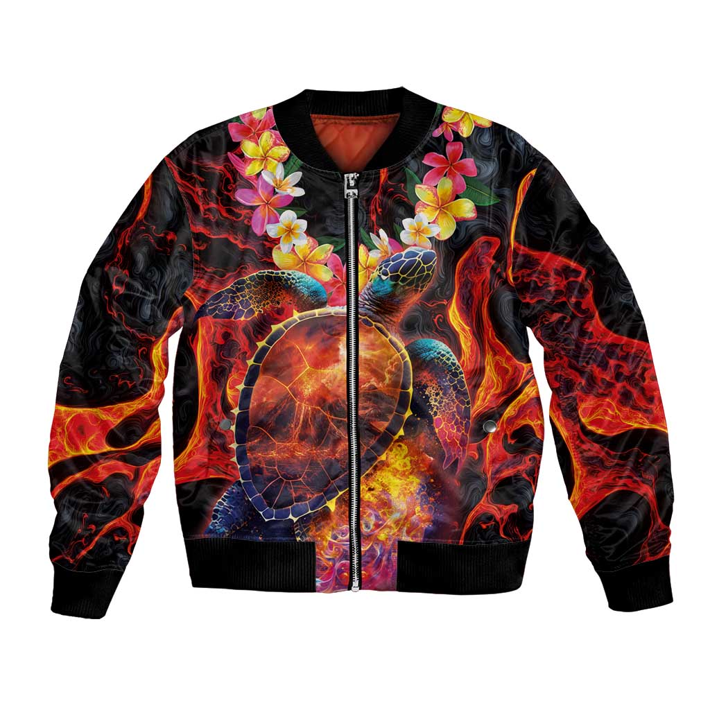 Hawaiian Turtle with Volcanic Eruption Bomber Jacket Hibiscus Lei and Lava Flow an Abstract Texture LT03 Unisex Black - Polynesian Pride