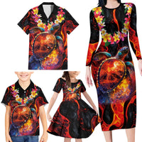 Hawaiian Turtle with Volcanic Eruption Family Matching Long Sleeve Bodycon Dress and Hawaiian Shirt Hibiscus Lei and Lava Flow an Abstract Texture