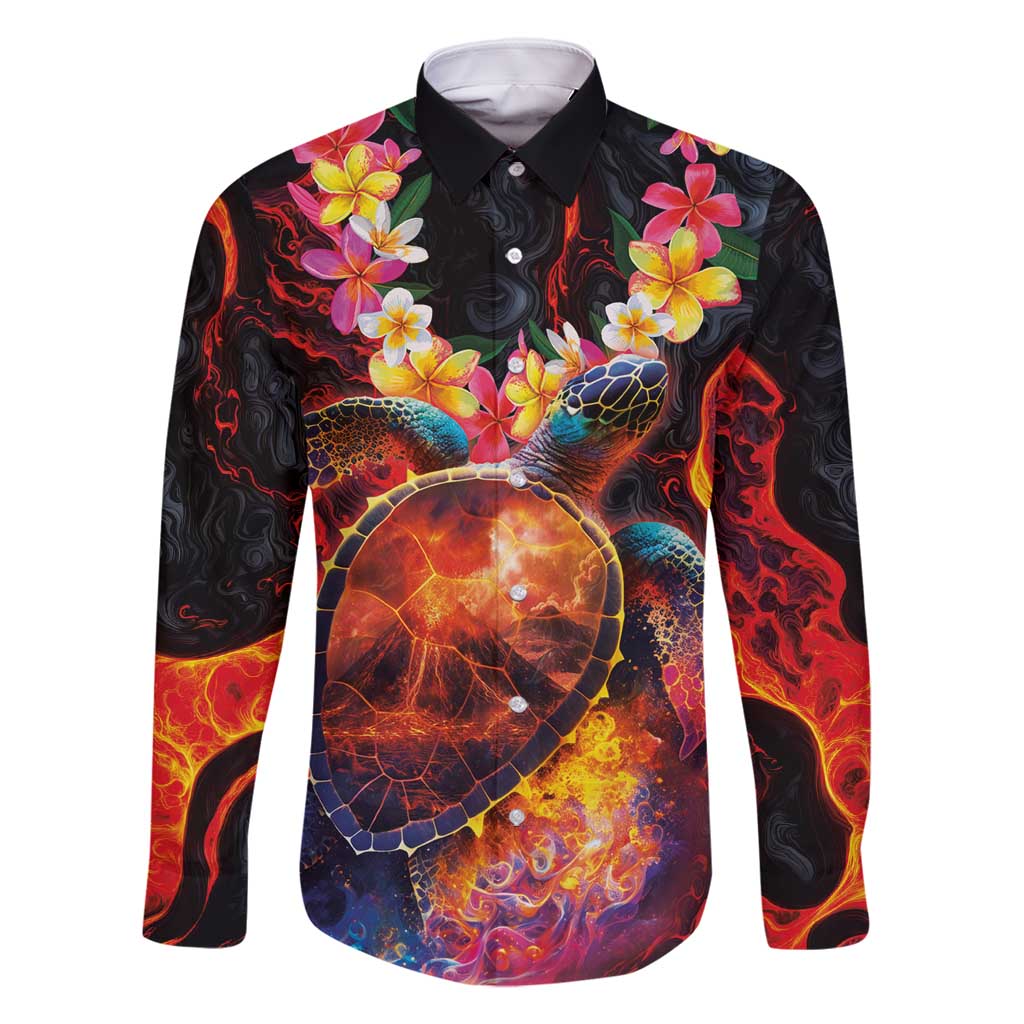 Hawaiian Turtle with Volcanic Eruption Family Matching Long Sleeve Bodycon Dress and Hawaiian Shirt Hibiscus Lei and Lava Flow an Abstract Texture