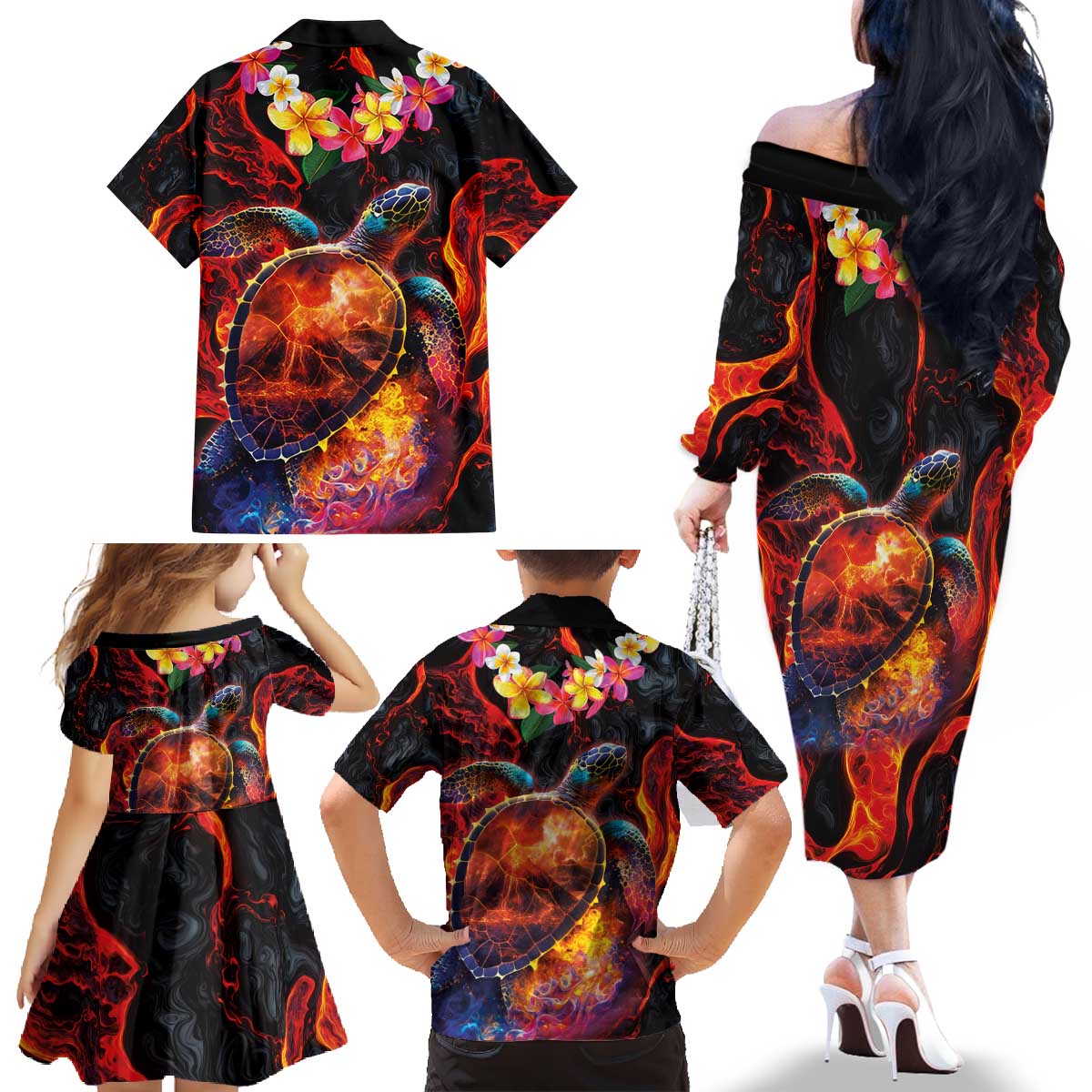 Hawaiian Turtle with Volcanic Eruption Family Matching Off The Shoulder Long Sleeve Dress and Hawaiian Shirt Hibiscus Lei and Lava Flow an Abstract Texture