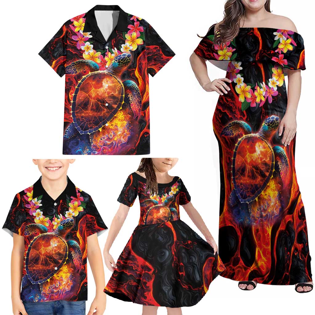 Hawaiian Turtle with Volcanic Eruption Family Matching Off Shoulder Maxi Dress and Hawaiian Shirt Hibiscus Lei and Lava Flow an Abstract Texture