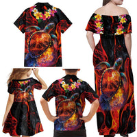 Hawaiian Turtle with Volcanic Eruption Family Matching Off Shoulder Maxi Dress and Hawaiian Shirt Hibiscus Lei and Lava Flow an Abstract Texture